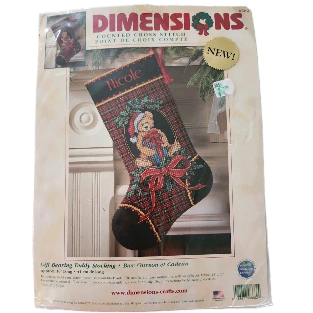 UNOPENED Dimensions Counted Cross Stitch Gift Bearing Teddy Bear Stocking 8682
